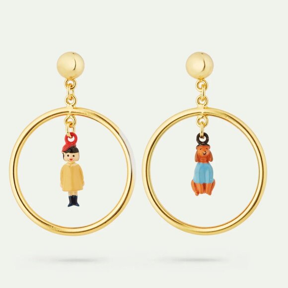 les NEREIDES Jewelry - Les NEREIDES dog 🐕 Gold and Red Earrings with Playful Hoops